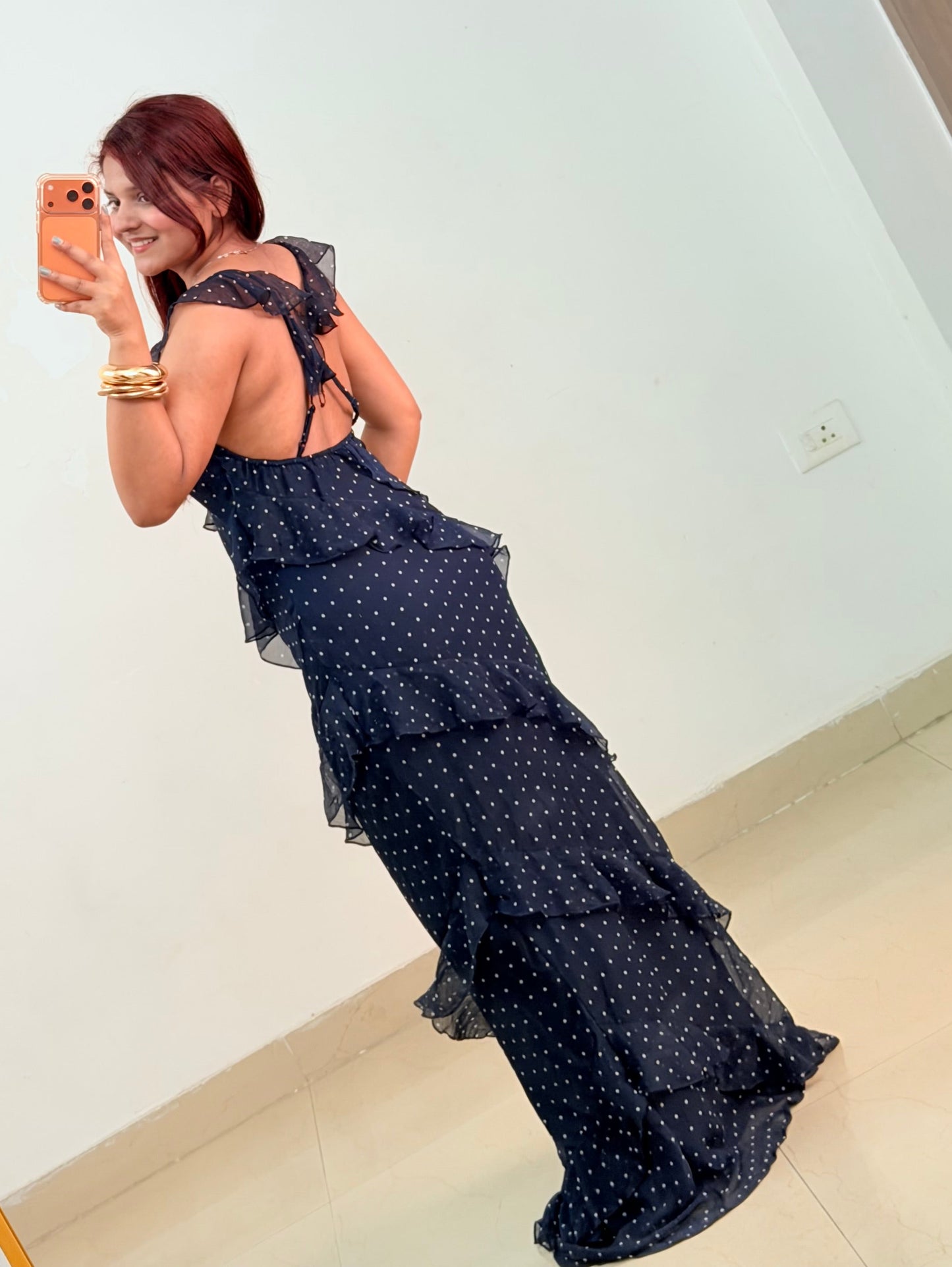 Blue polka ruffle dress