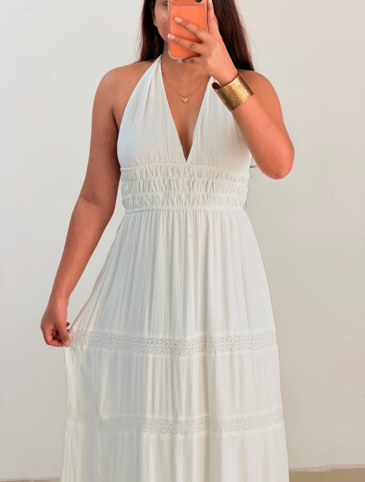 White halter neck dress