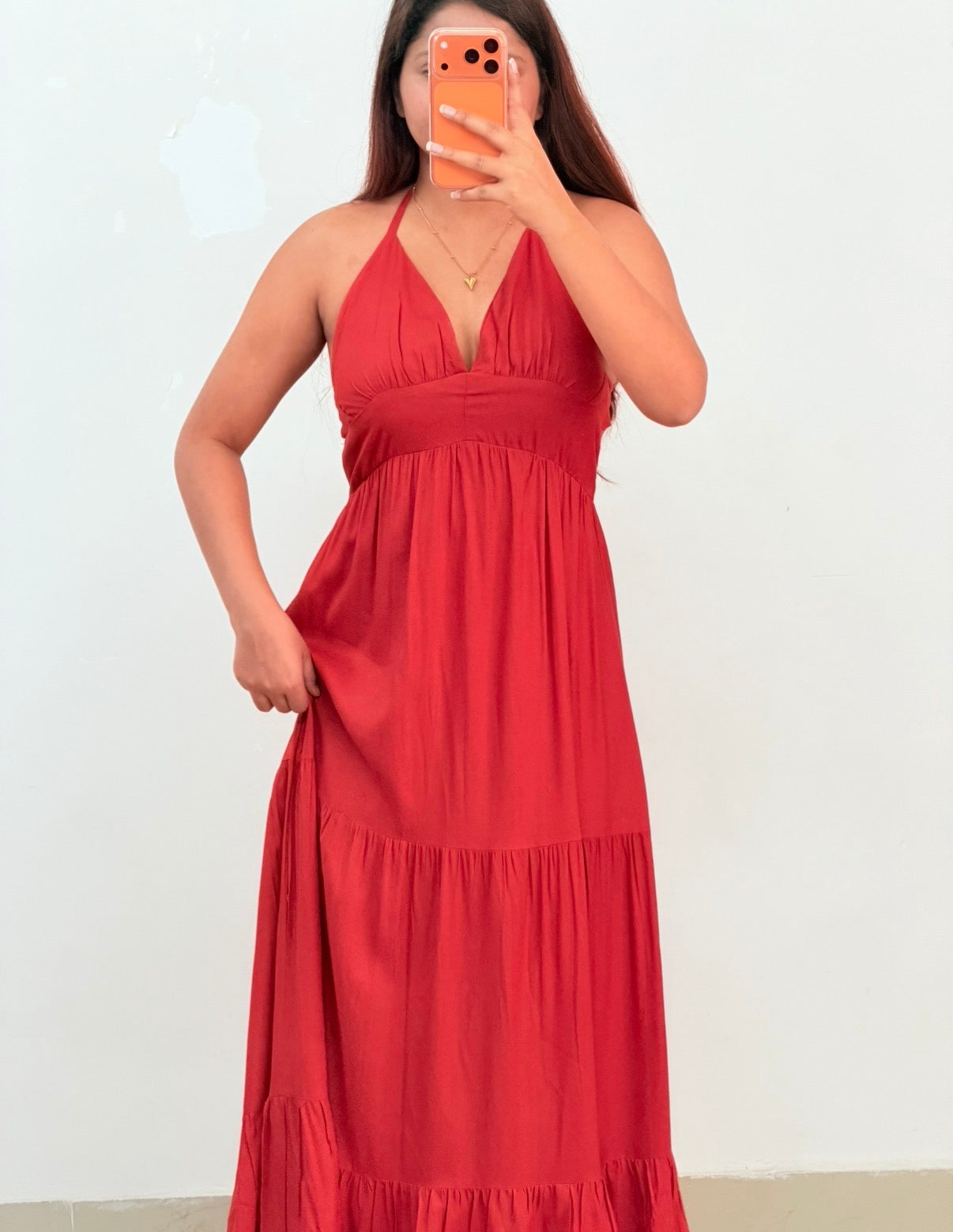 Red halter neck dress