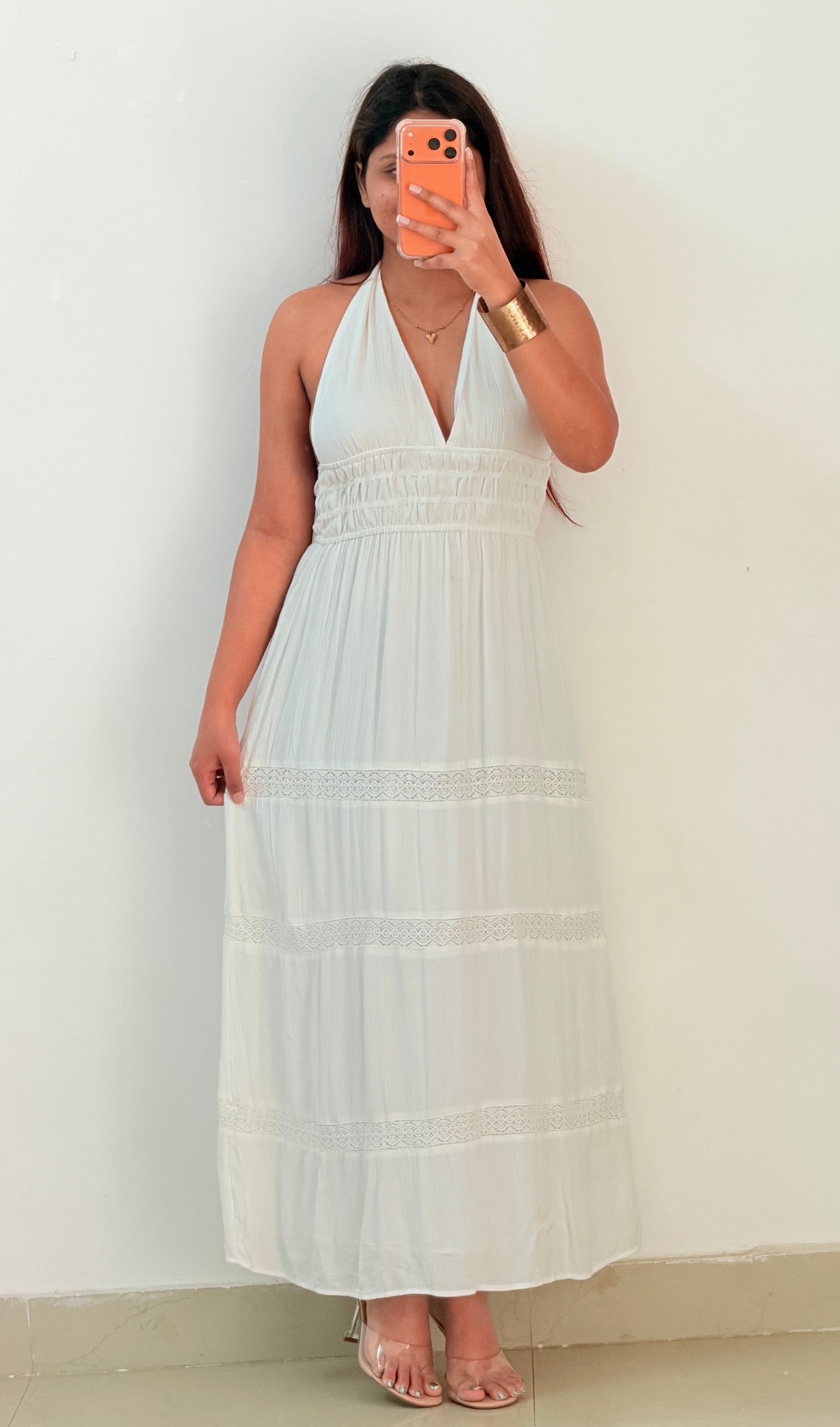 White halter neck dress