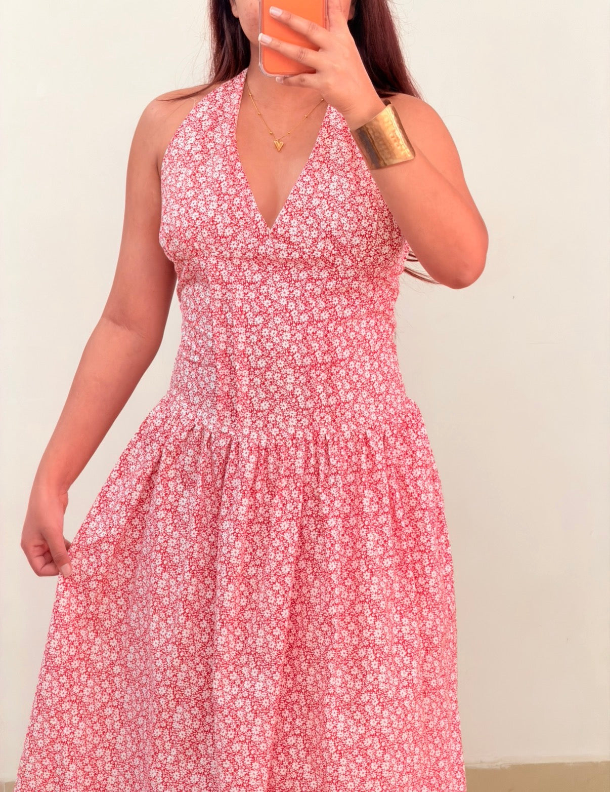 Red halter neck dress