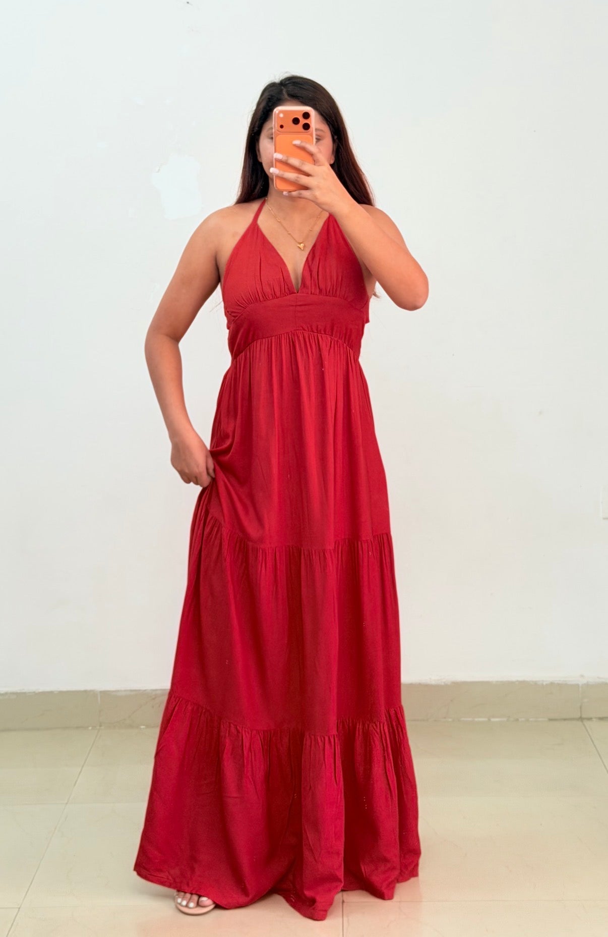 Red halter neck dress