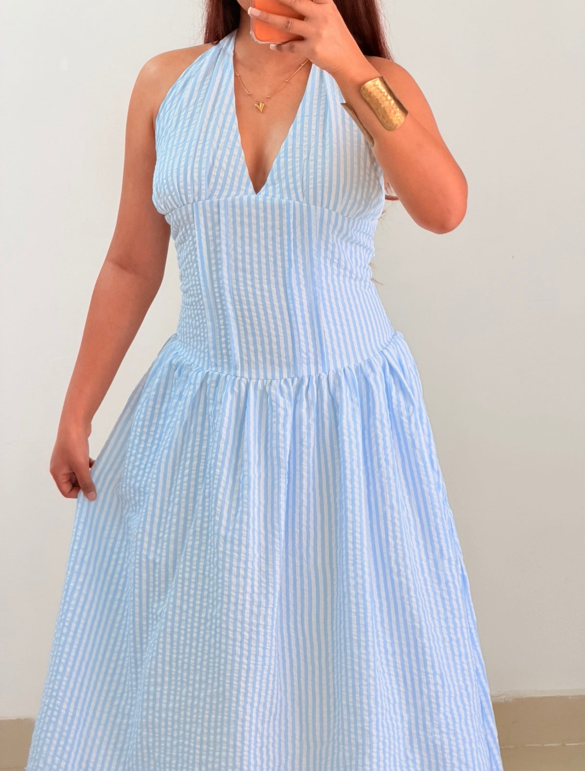 Blue halter neck dress