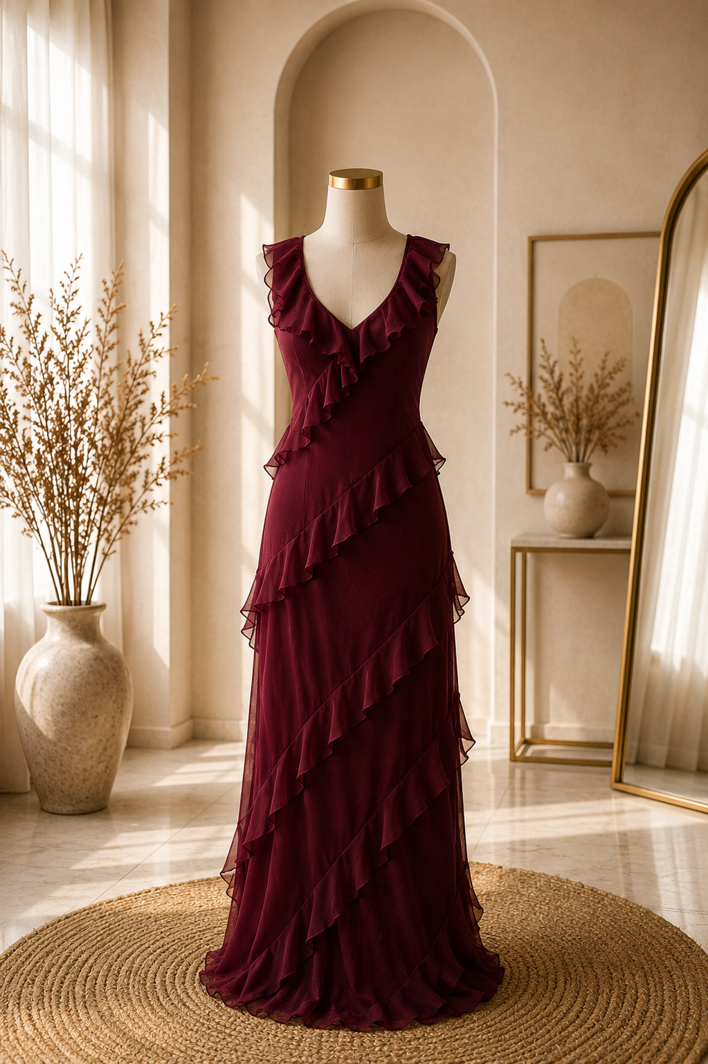 Wine ruffle dress