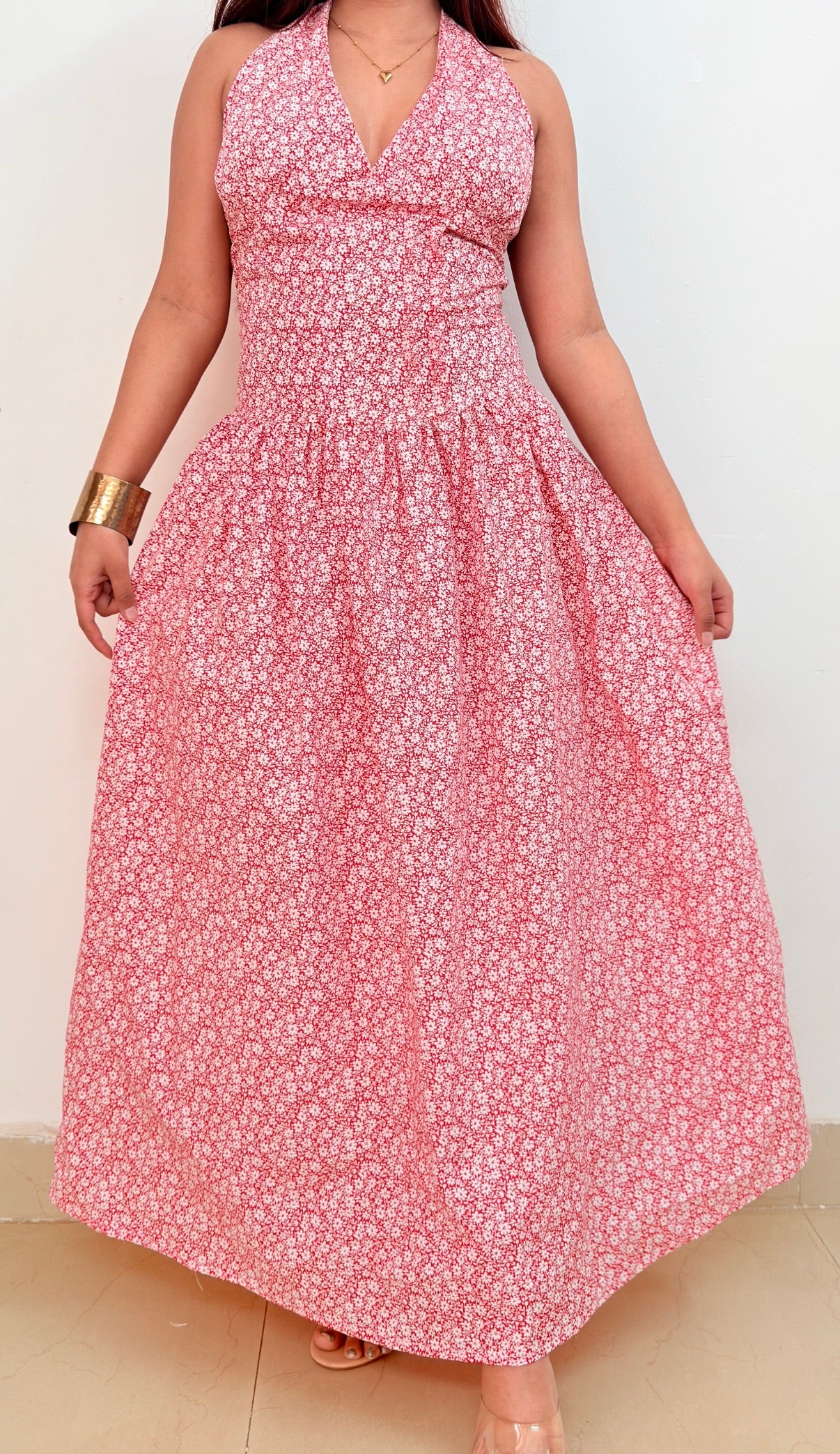 Red halter neck dress