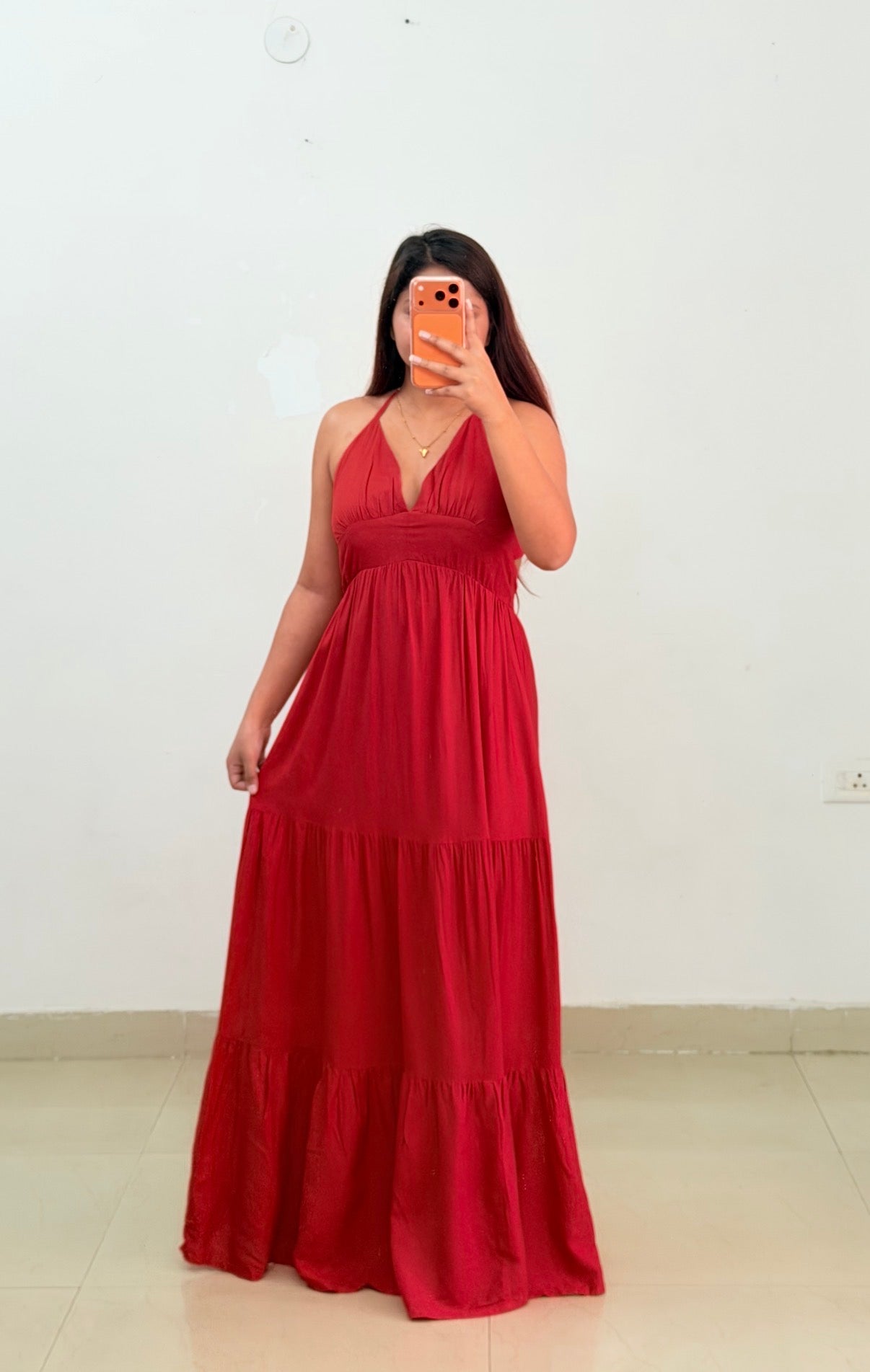 Red halter neck dress