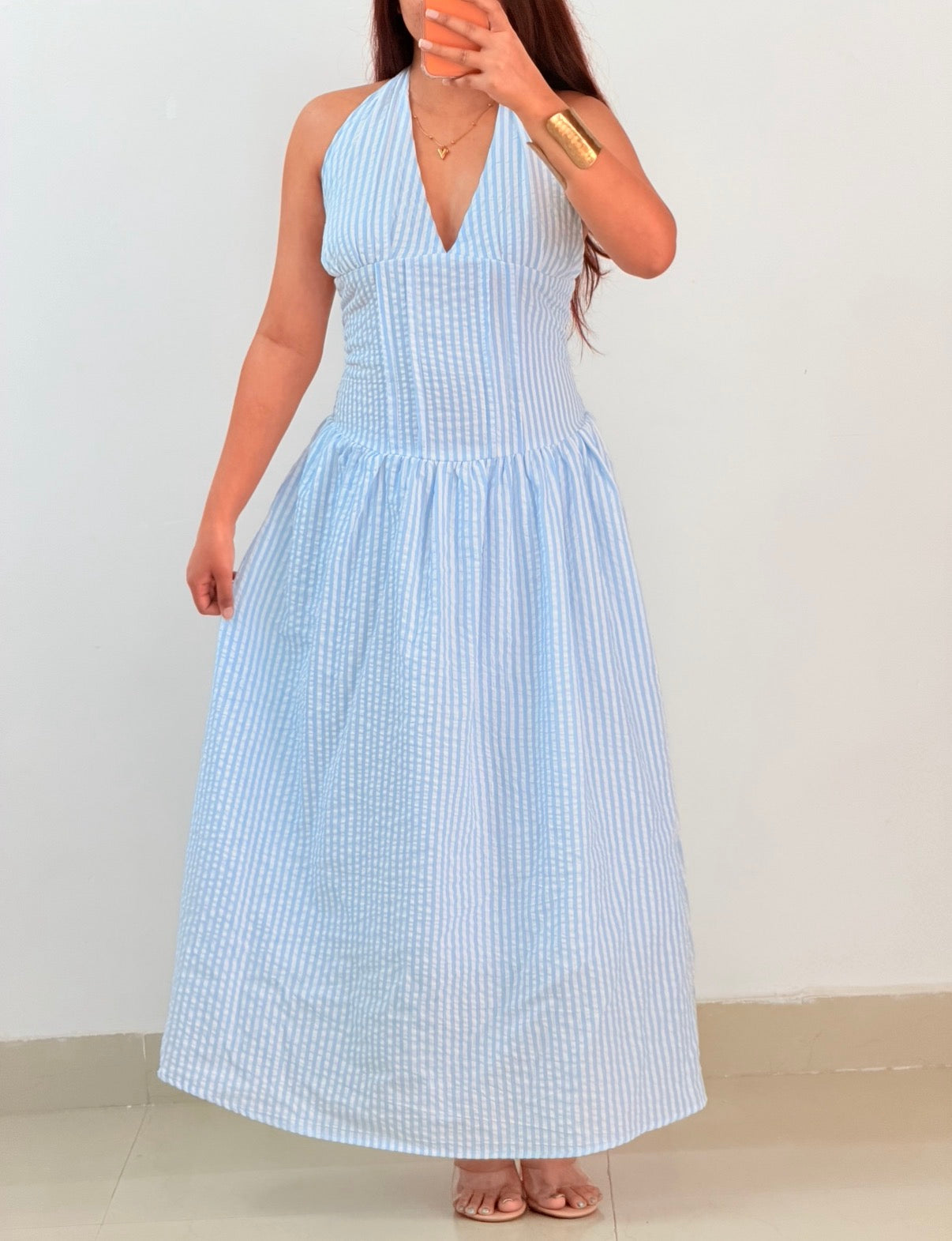 Blue halter neck dress