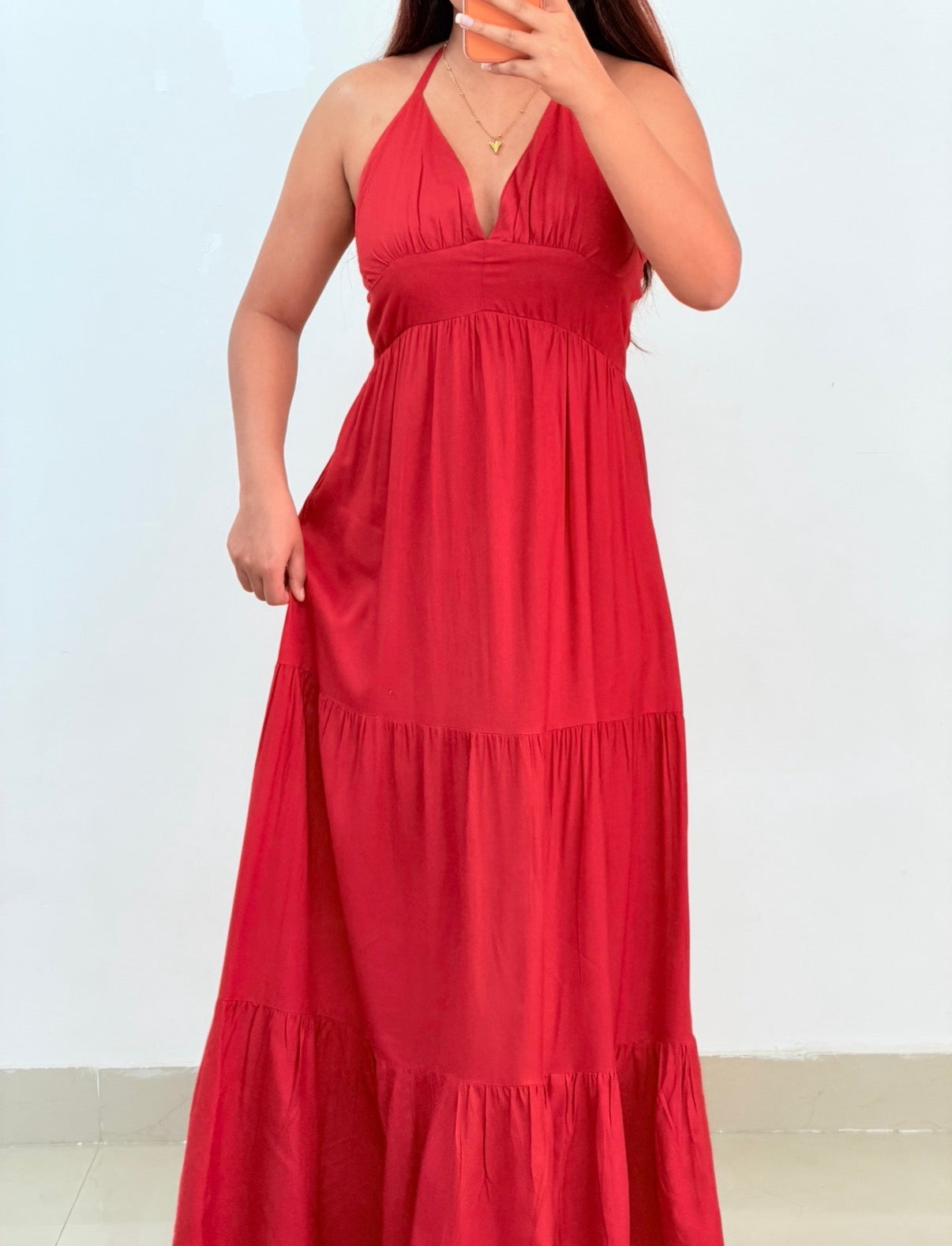 Red halter neck dress