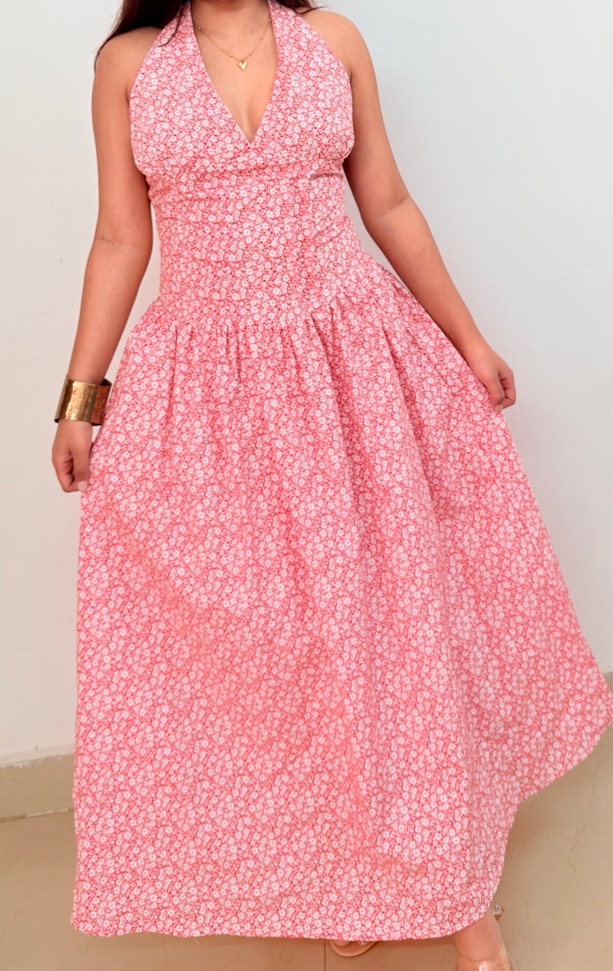 Red halter neck dress